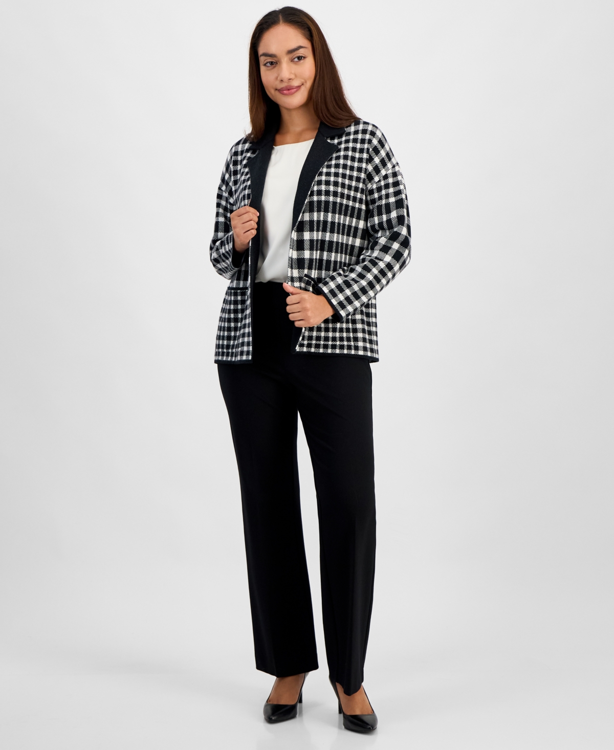 Ak Anne Klein Petite Notched-Lapel Plaid Blazer