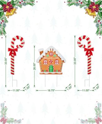 Metal Christmas Gingerbread House and Candy Cane Yard Stakes, Set of 3