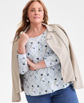 Plus Size Printed Long-Sleeve Top, Macy's Exclusive