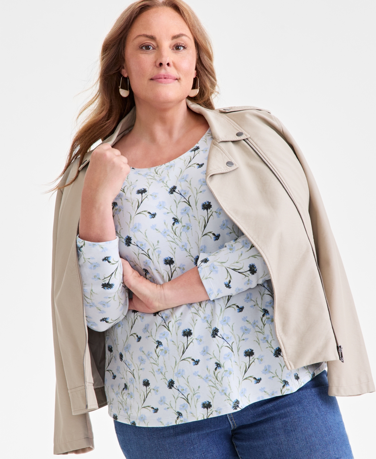 Style & Co Plus Size Printed Long-sleeve Top, Macy's Exclusive In Multi