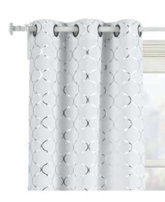2 Pack Metallic Silver & White Lattice Clover Ultra Luxurious Window Curtains - 38 in. W x 63 in. L, White & Silver