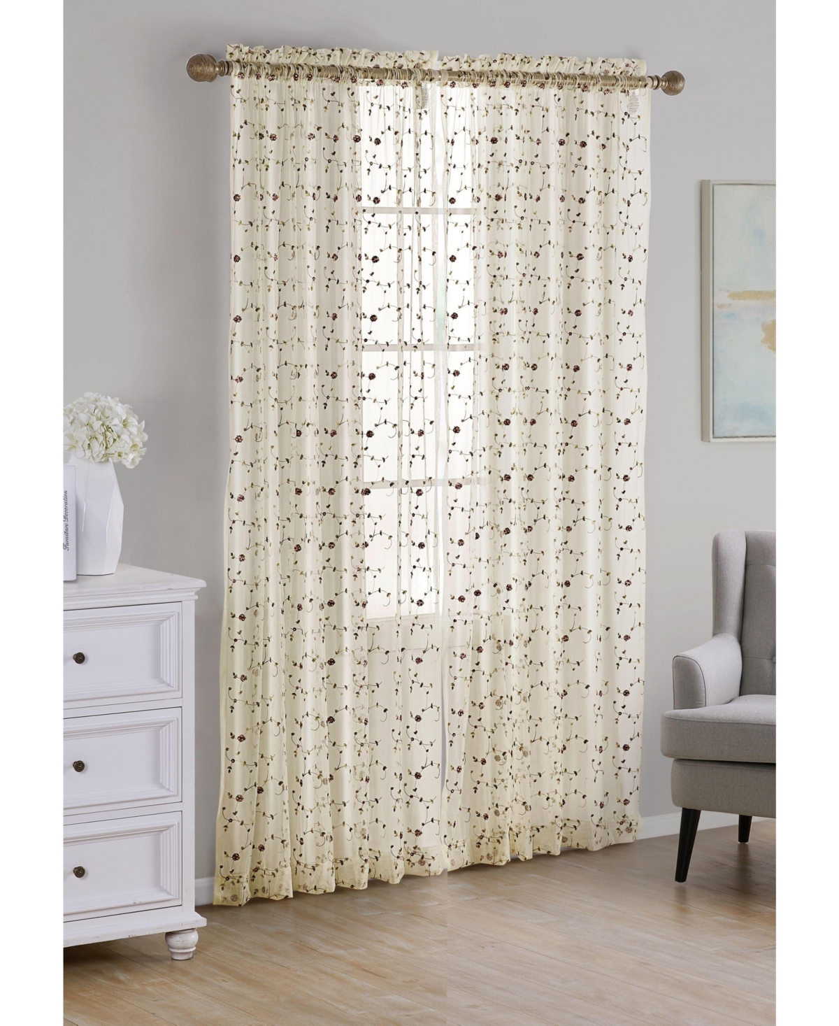 1 Piece Shabby Chic Elegant Vintage Rose Embroidered Floral Rod Pocket Sheer Curtain Panel - Beige