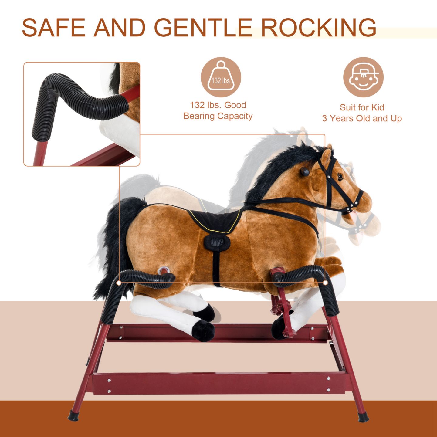 Детская мягкая игрушка Qaba Plush Spring Rocking Horse with Realistic Sounds, 39.25"L x 23.5"W x 32.75"H, 132 lb. Capacity, Ages 3+ — фото 4