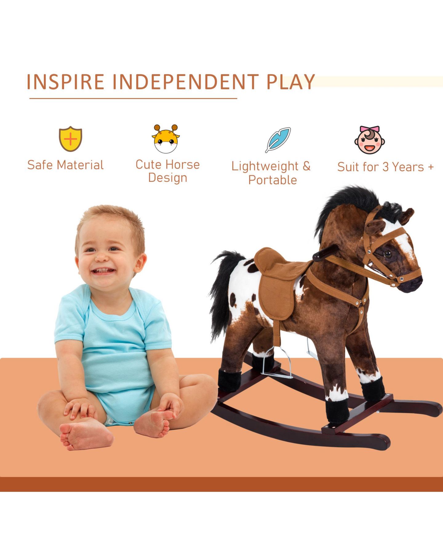 Детская мягкая игрушка Qaba Metal Plush Rocking Horse, 88 lb. Weight Capacity, Ages 3+ — фото 3