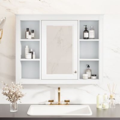 35" x 27.5" Bathroom Mirror Cabinet with 6 Open Shelves, Wall Mounted Medicine Cabinet (No Vanity)