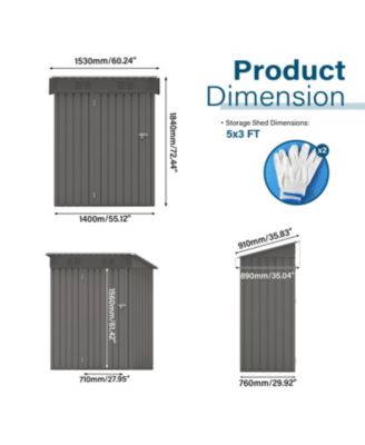 5x3 FT Metal Outdoor Storage Shed, Gray