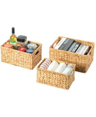 Natural Woven Water Hyacinth Wicker Rectangular Storage Bin Basket with Handles, Set of 3