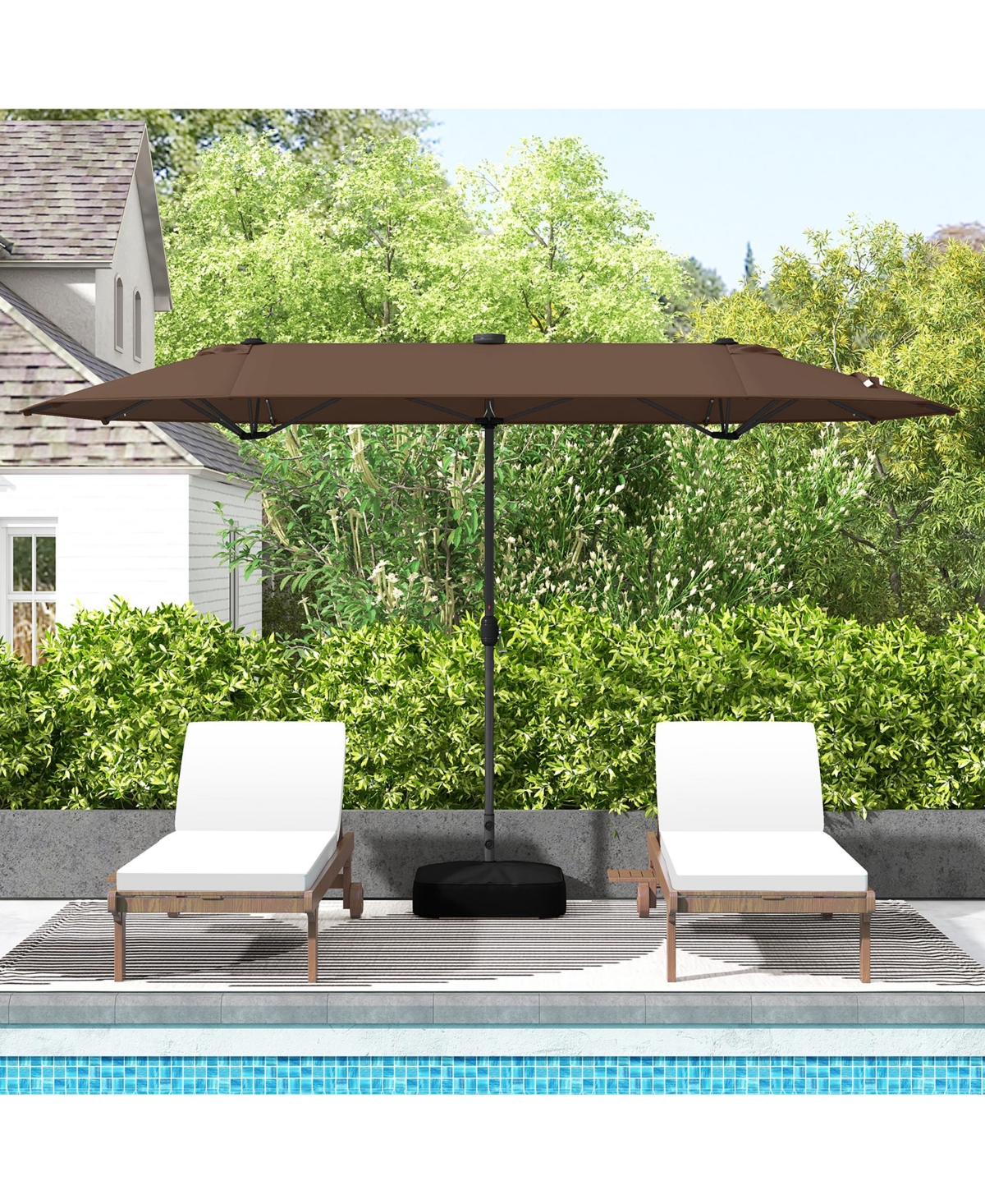 13FT Double-sided Patio Umbrella w/ Solar Lights Crank Handle Umbrella Base - Brown