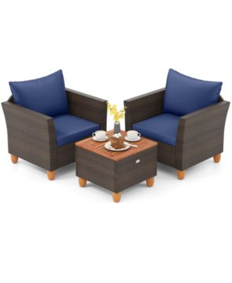 PE Wicker Patio Set with Cushioned Chairs and Acacia Wood Coffee Table