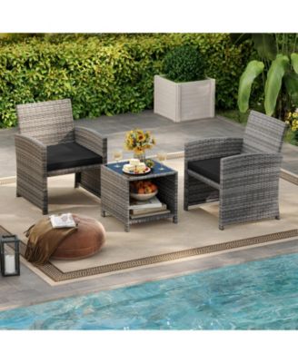 Outdoor 3-Piece Conversation Set with 2 Padded Chairs and Glass-Top Coffee Table for Patio or Deck