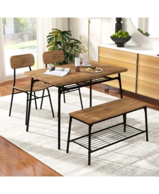 Modern 4-Piece Metal Frame Dining Set with Table, Bench, and 2 Chairs – Ideal for Compact Dining Spaces