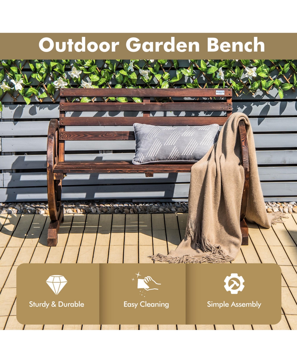 Gymax Patio Wagon Wheel Bench Outdoor Garden Wooden Rustic Bench w/ Slatted Design