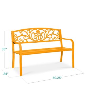 Outdoor Steel Bench Garden Patio Porch Furniture w/ Floral Design Backrest