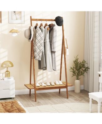Modern Clothes Rack for Entryway with Sturdy Hanging Rod, Decorative Rattan Shelf, and Elegant Copper Hooks