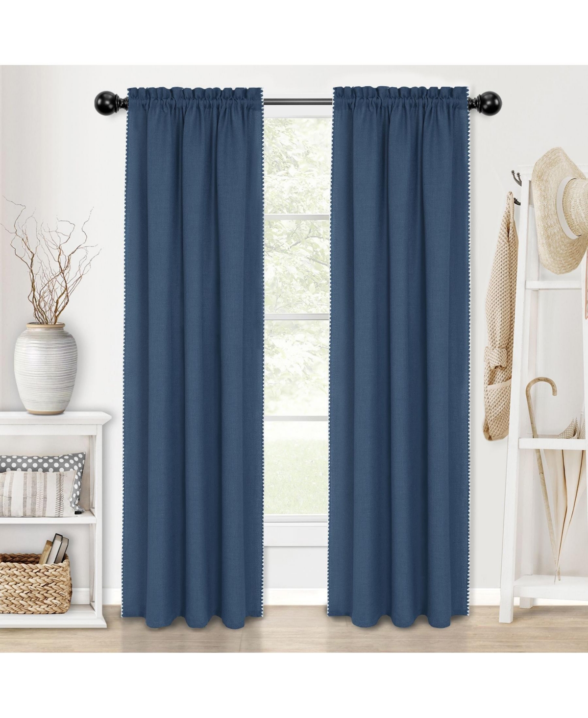 2 Piece Hamptons Coastal Living Textured Semi Sheer Rod Pocket Curtain Panels - 63 in. Long - Navy - Gray