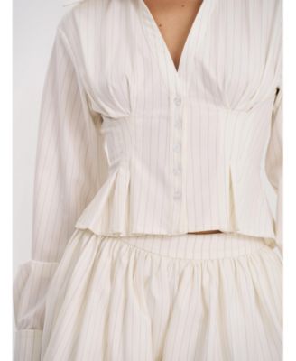 Women Sylvia White Pinstripe Deep V Pleated Shirt