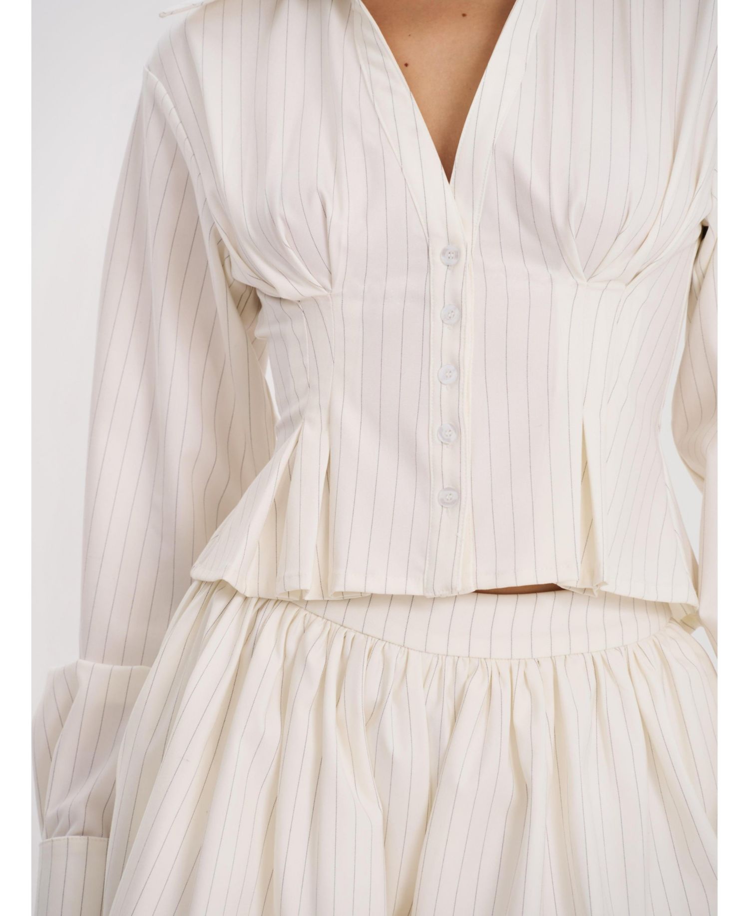 Women Sylvia White Pinstripe Deep V Pleated Shirt