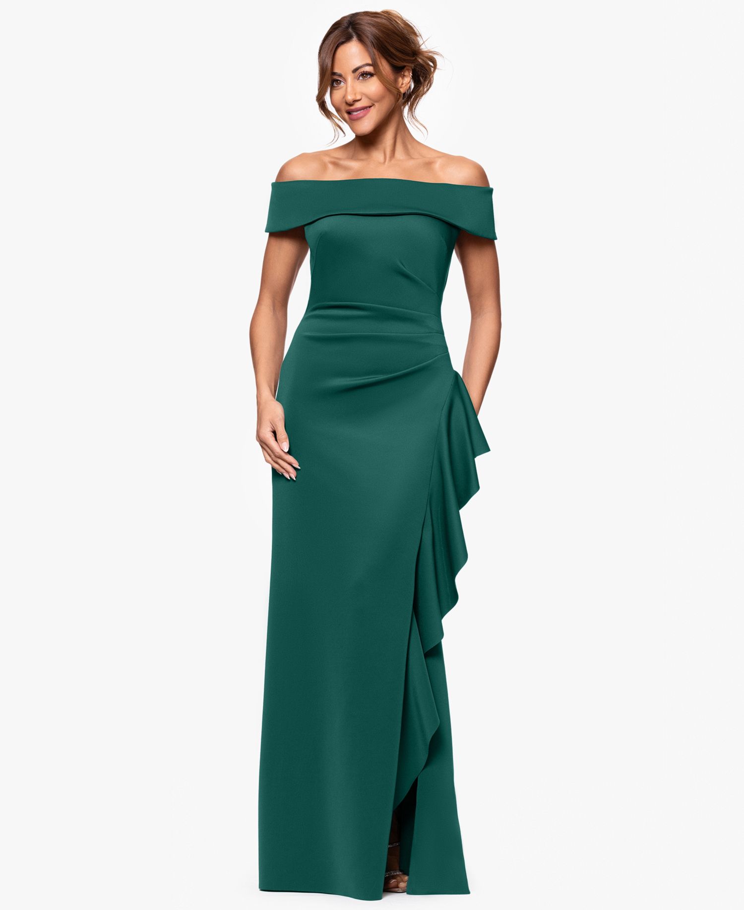 Petite Off-The-Shoulder Ruffled Side-Slit Gown