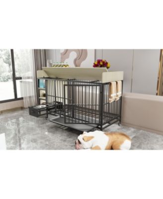Large Pet Cage w/ Storage & Stainless Steel Bowls (Black/Beige)