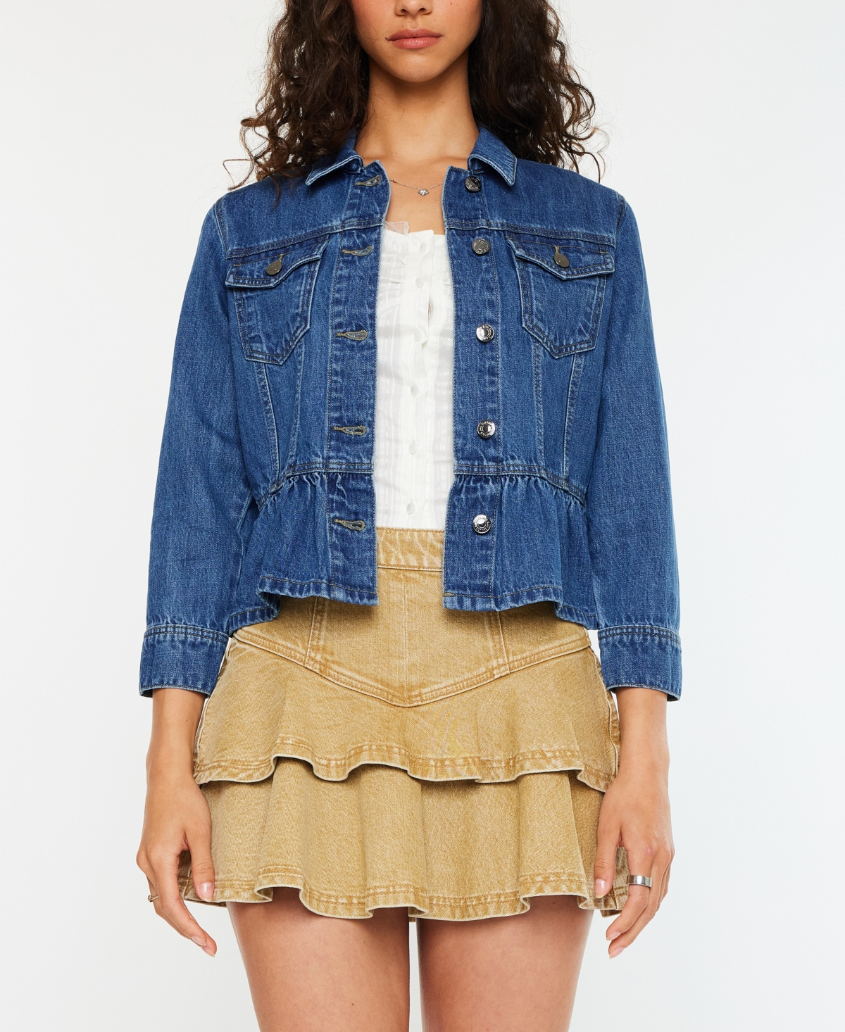 Women's Classic Fit Peplum Denim Collared Jacket - Medium Wash