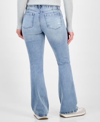 Juniors' Double-Button Distressed Bootcut Jeans