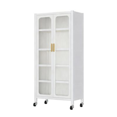 65inch Kitchen Pantry Storage Cabinet 6 Tier Metal Display Cabinet with Transparent Door Adjustable Shelves Wheels White