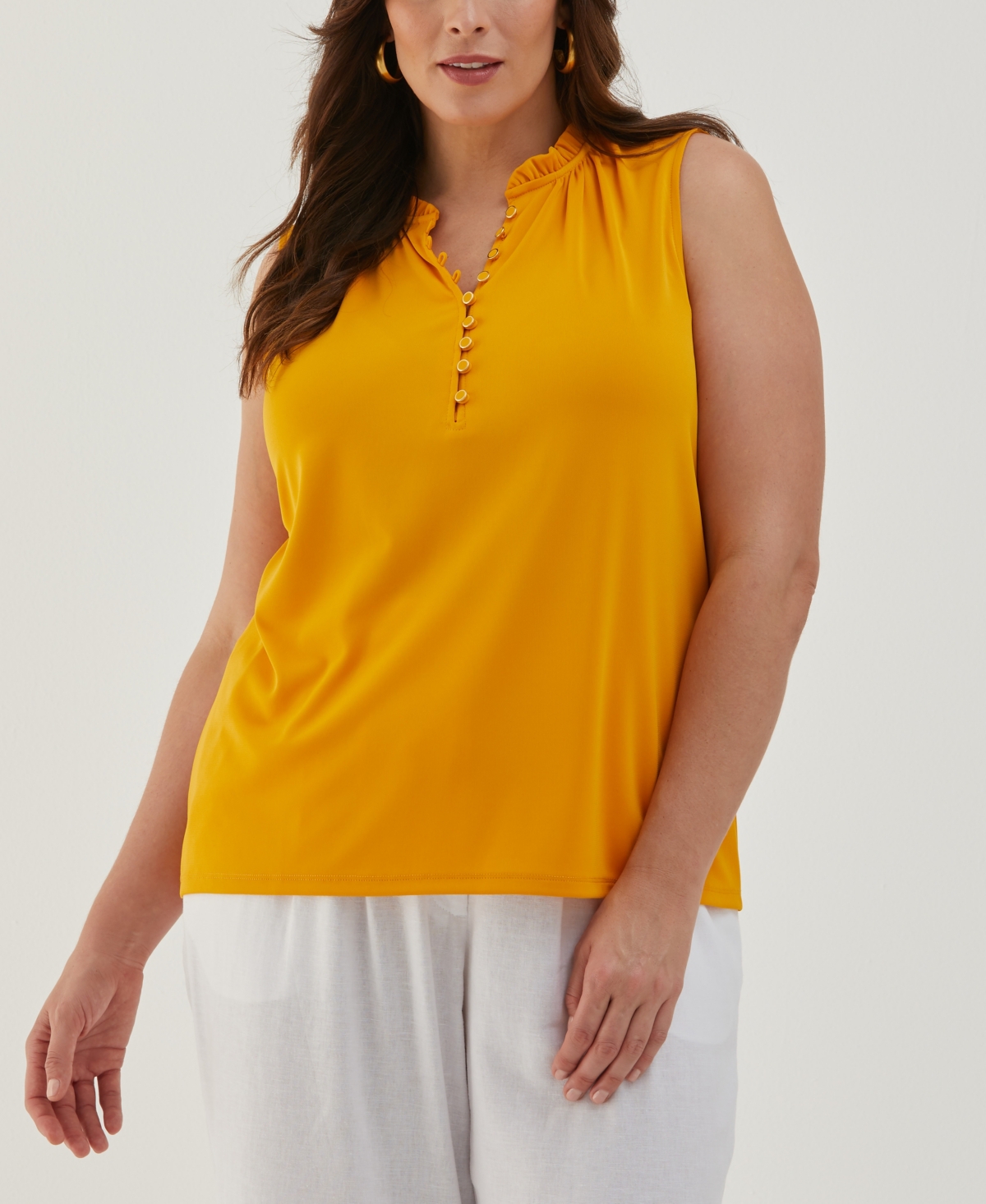 Plus Size Button Front Ruffle Sleeveless Tank Top - Golden Glow