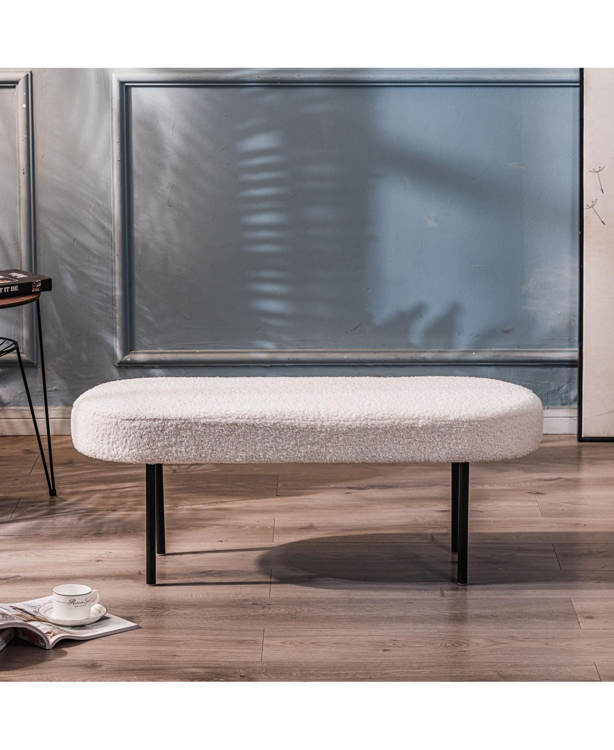 Nordlys - Metal and White Boucle Bench Modern Design Style Upholstery Entry