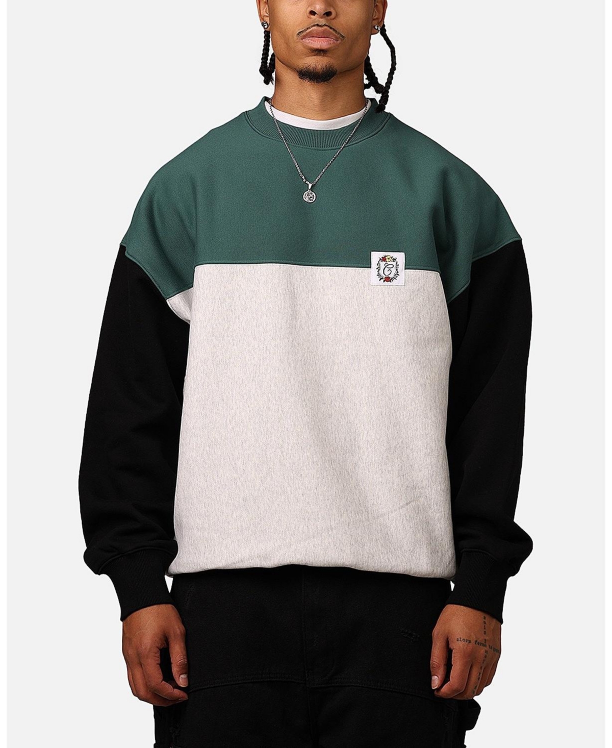 Men's Floral Oversized Panel Crewneck - Black/green/grey