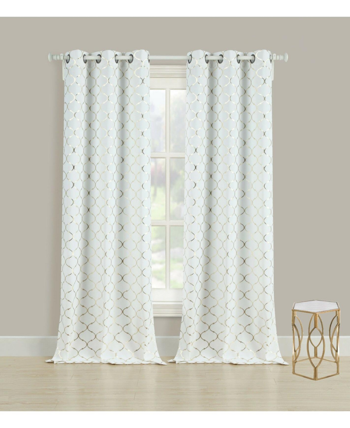 2 Pack Cotton Blend Shabby Metallic Quatrefoil Lattice Ultra Luxurious Grommet Top Window Curtain Panels - 38 in. W x 108 in. L, Silver -