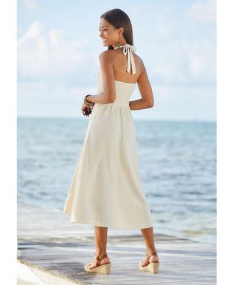 Women's A-Line Linen Flowy Halter Neck Dress