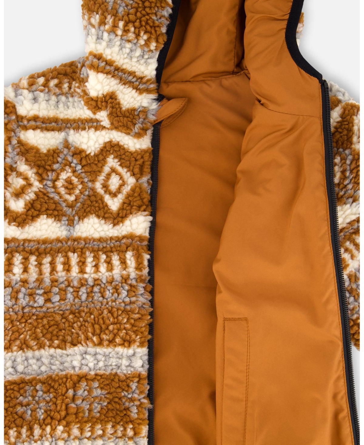 Deux par Kids Unisex Reversible Mid-Season Sherpa Jacket Brown Aztec Pattern