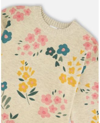 Girl Knitted Sweater Heather Beige Gray with Floral Print - Toddler|Child