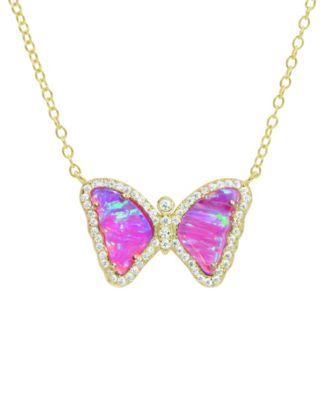 Mini Butterfly Necklace with Lab-Grown Opal in 14k Gold Plated Sterling Silver - Fuchsia opal