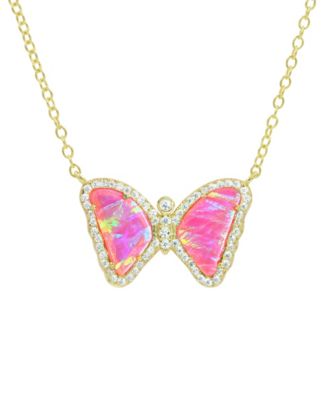 Mini Butterfly Necklace with Lab-Grown Opal in 14k Gold Plated Sterling Silver - Hot pink opal