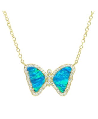 Mini Butterfly Necklace with Lab-Grown Opal in 14k Gold Plated Sterling Silver - Blue green opal 110$
