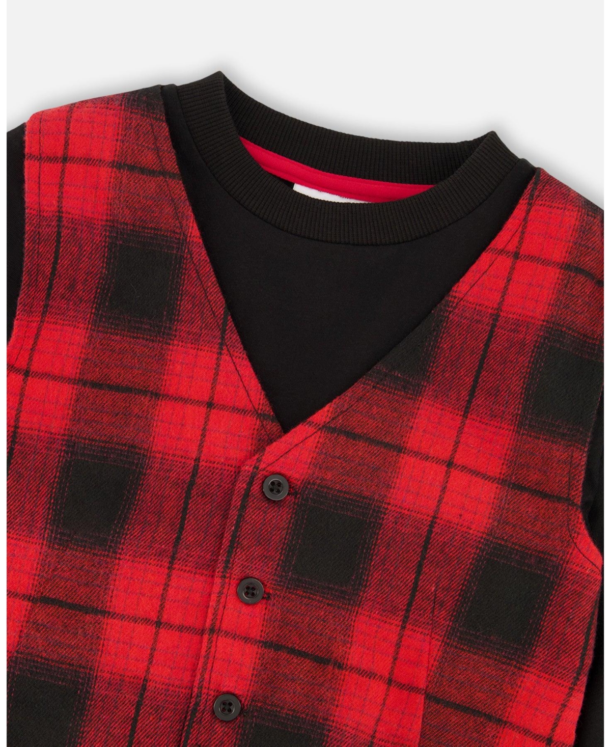 Deux par Baby Boy T-Shirt with Plaid Vest Red and Black