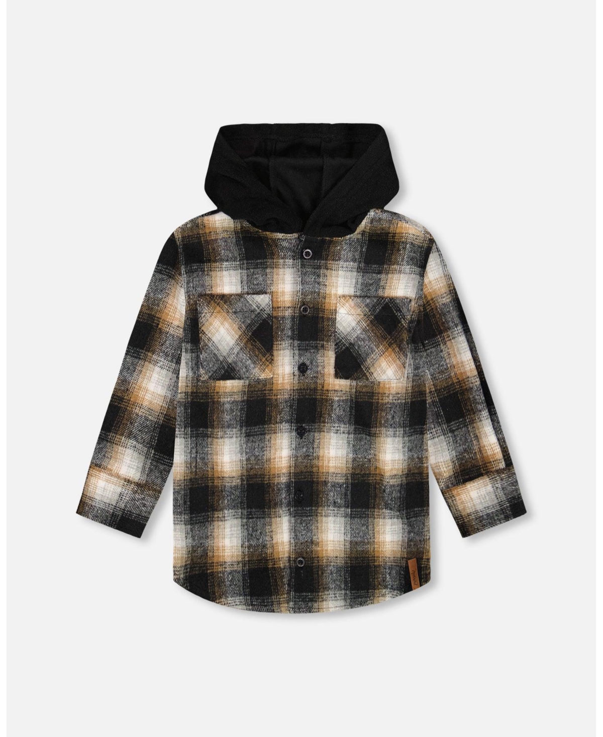 Deux par Boy Hooded Polar Fleece Overshirt with Hood Black and Brown Plaid
