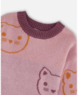 Toddler Girls Knit Jacquard Sweater Dusty Pink with Cats - Toddler|Child