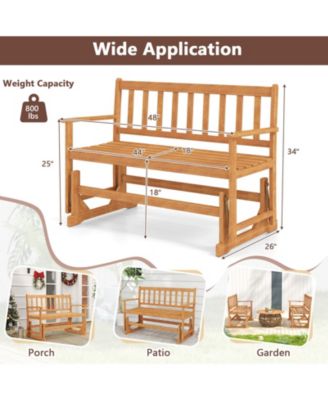 2 Person Patio Glider Bench Solid Acacia Wood Porch Glider Chair w/ Seat