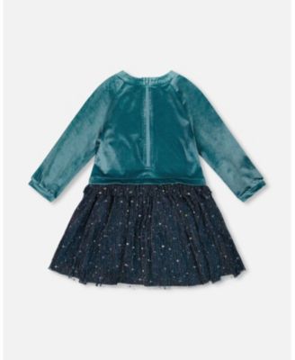 Big Girls Long Sleeve Bi-Material Velvet and Pleated Mesh Dress Teal Blue