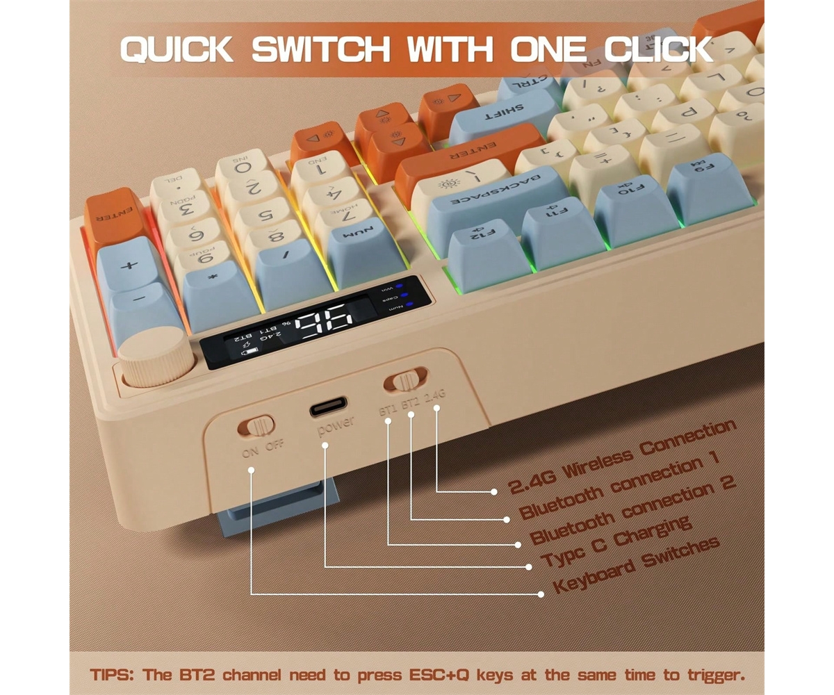 Wireless Gaming Keyboard,Knob Control Bt/2.4G Wireless Mechanical Feeling Keyboard,Rgb Led Backlit With Display Screen, Pbt Keycap,2000mAh, 94-Key Lay