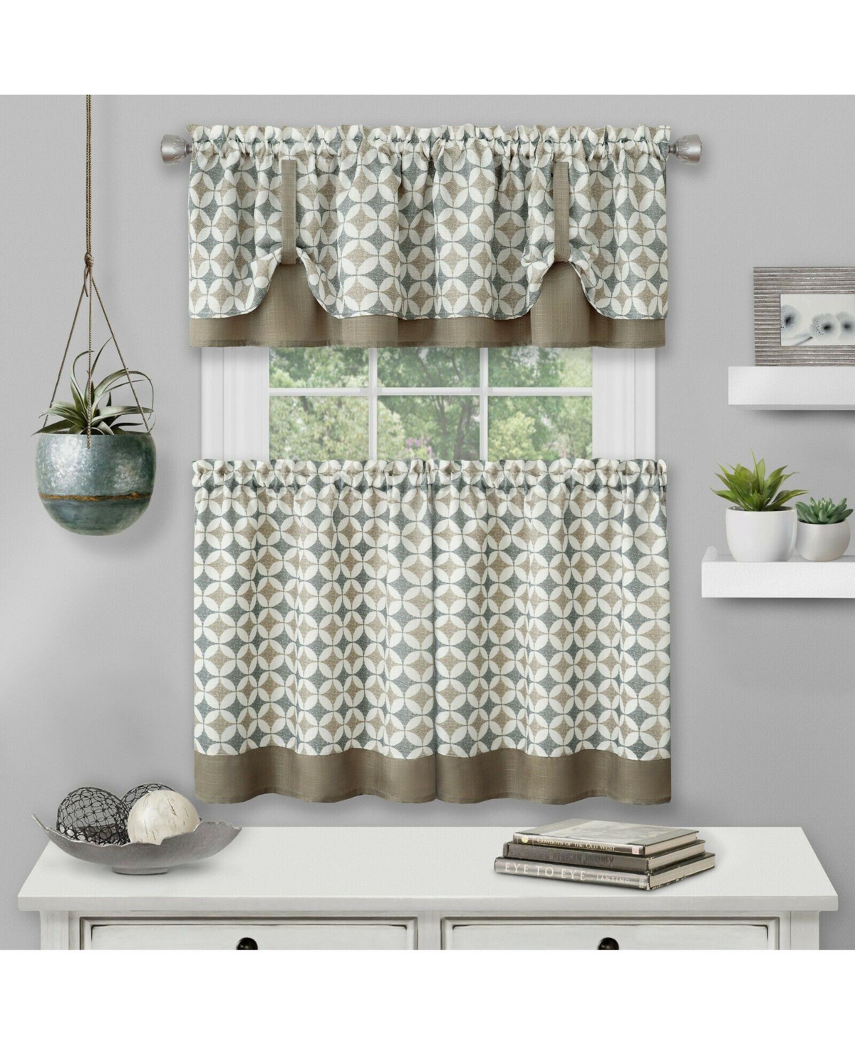 Modern Geo 3 Pc Kitchen Curtain Tier & Valance Set - 56 in. W x 36 in. L, Taupe - Taupe