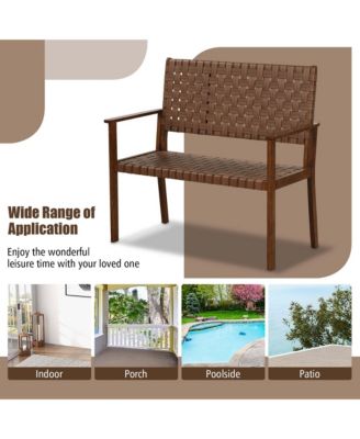 Patio Loveseat Bench w/ Solid Rubber Wood Frame & Hand Woven PU Leather All Weather