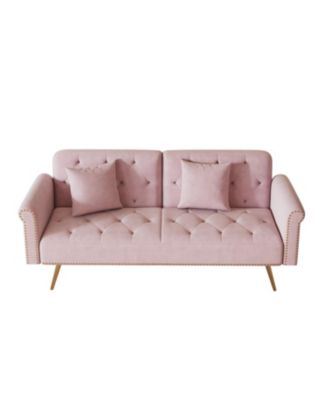 Pink Velvet Sofa Bed with Nailhead Trim & Pillow