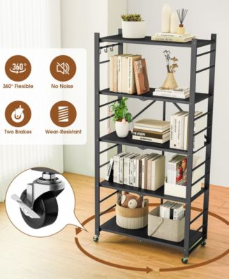 5-Tier Foldable Storage Shelves, Metal Storage Rack with Wheels and Hooks