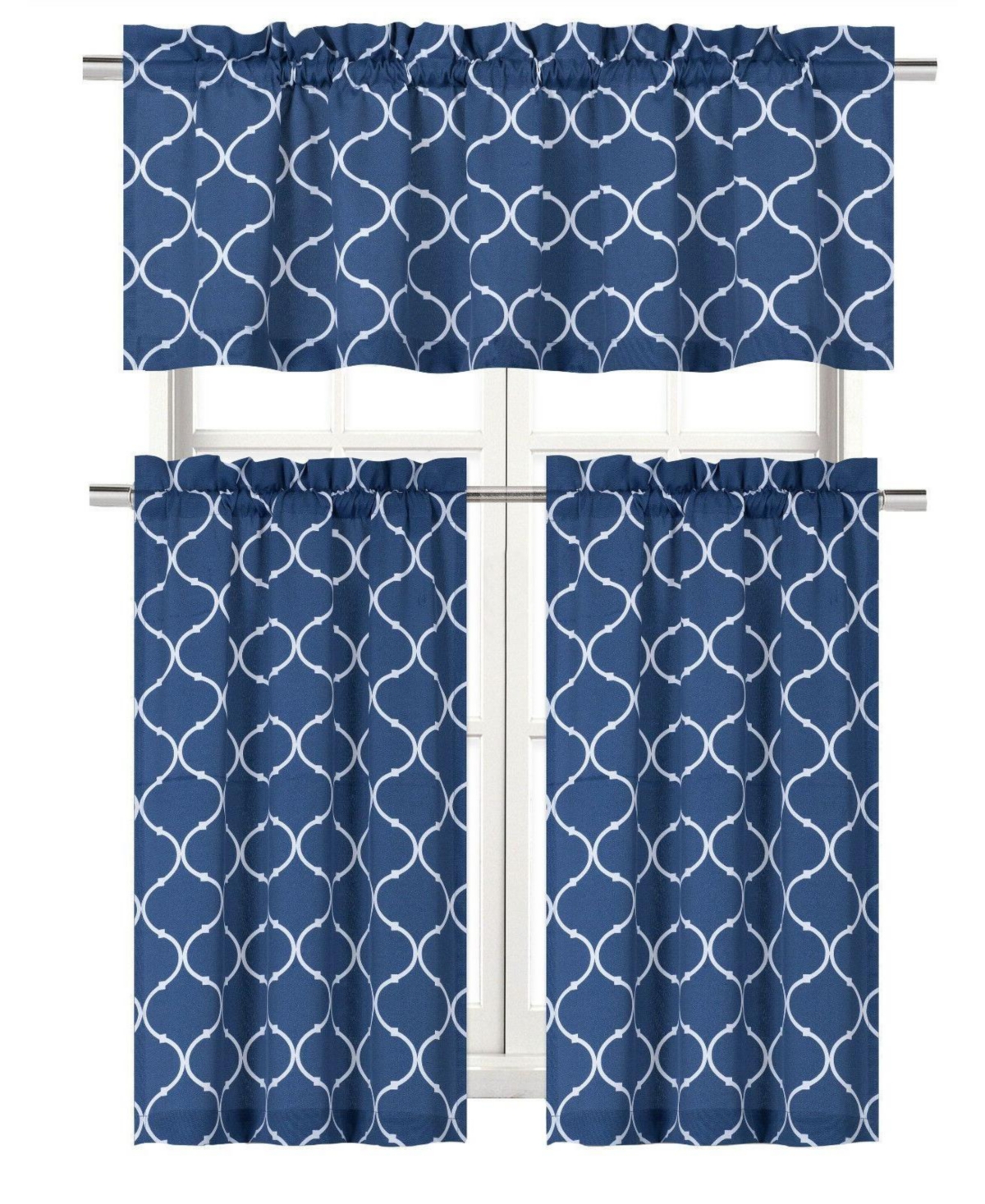 Shabby Lattice Cotton Blend Kitchen Curtain Tier & Valance Set - 56 in. W x 36 in. L, Yellow - Aqua