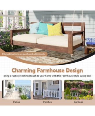 Patio Wooden Twin Size Porch Swing Daybed Frame, Garden Swing Bench Chair with 4 Hanging Ropes for Backyard,Outdoor,Brown