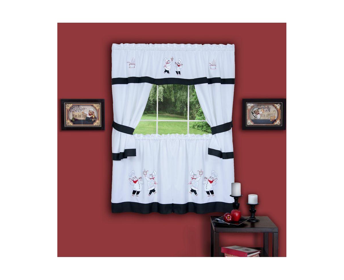 Gourmet Pastry Chef Complete 5 Piece Cottage Kitchen Curtain Swag Valance & Tier Set - 58 in. W x 36 in. L - White