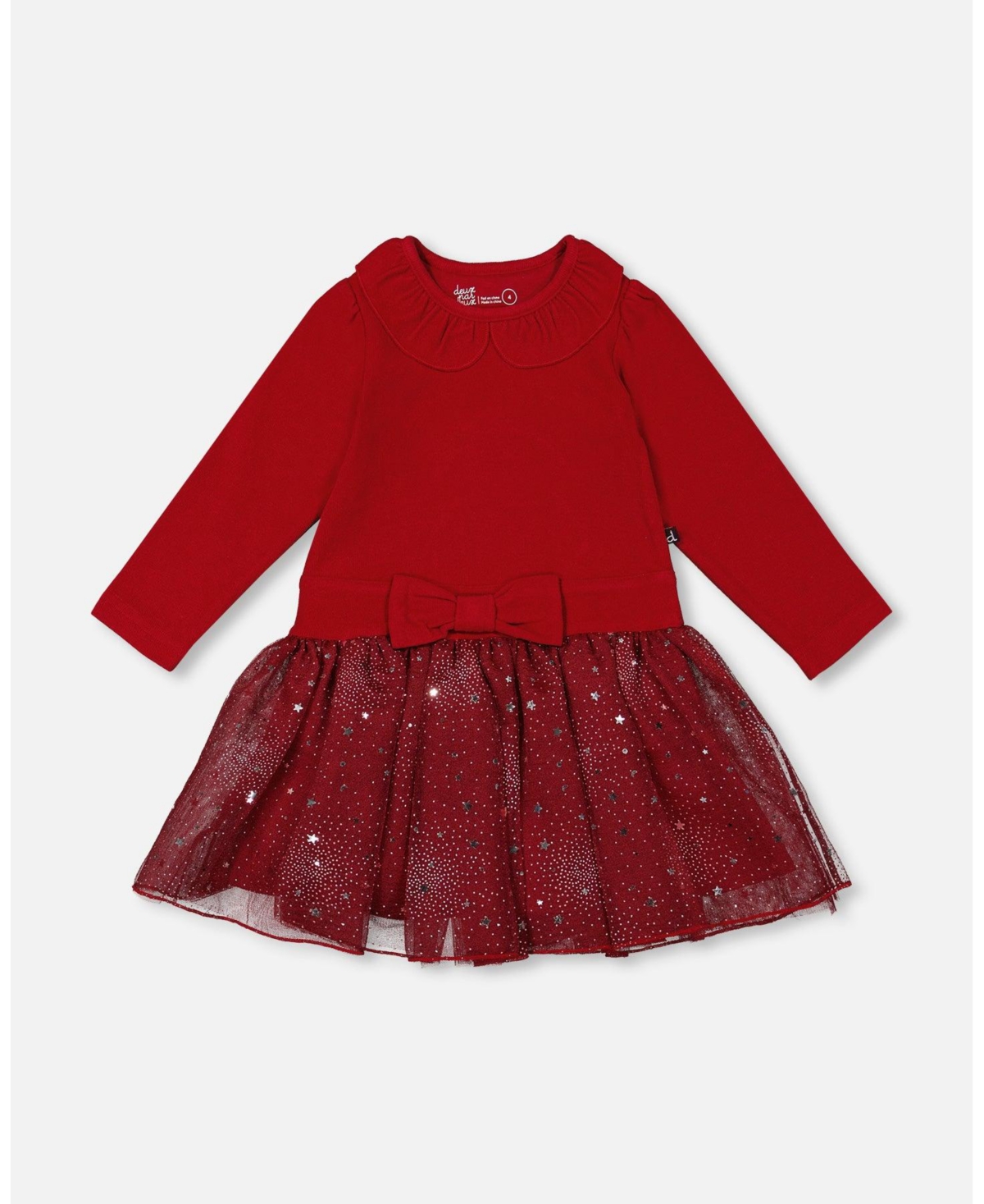 Deux par Baby Girl Bi-Material Dress with Glittering Skirt Red